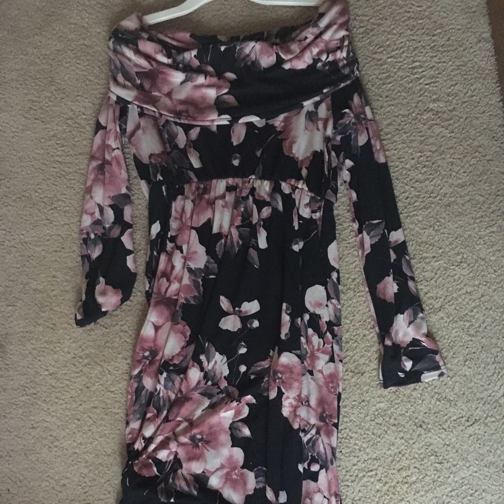 Floor length blue flowery dress